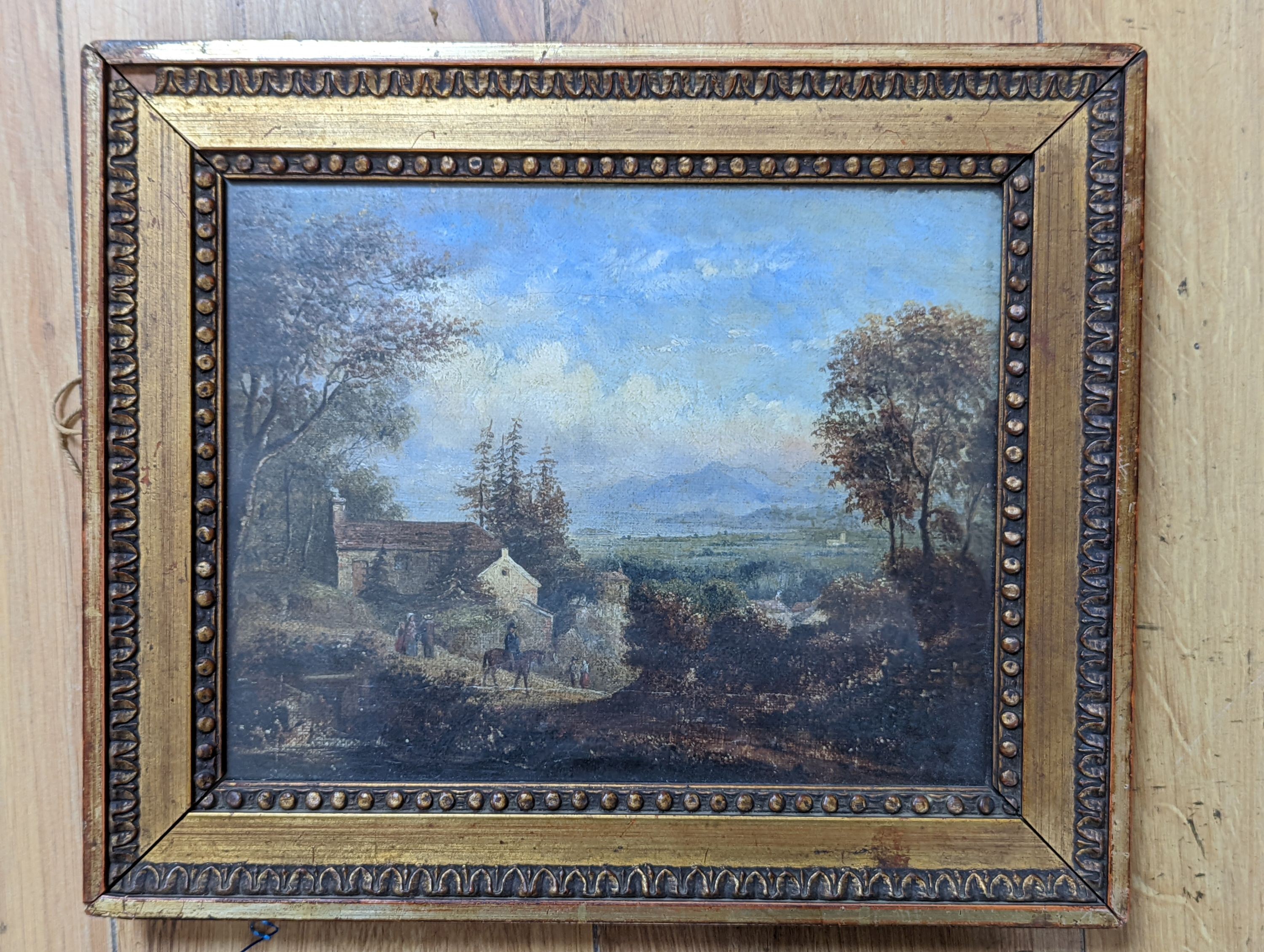 19th century English School, oil on canvas, Figures in a landscape, 19 x 24cm